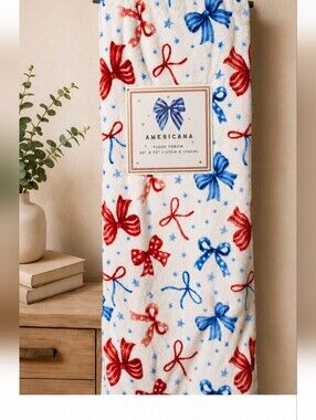 Patriotic Plush Throw Blanket - White with Red & Blue Bows